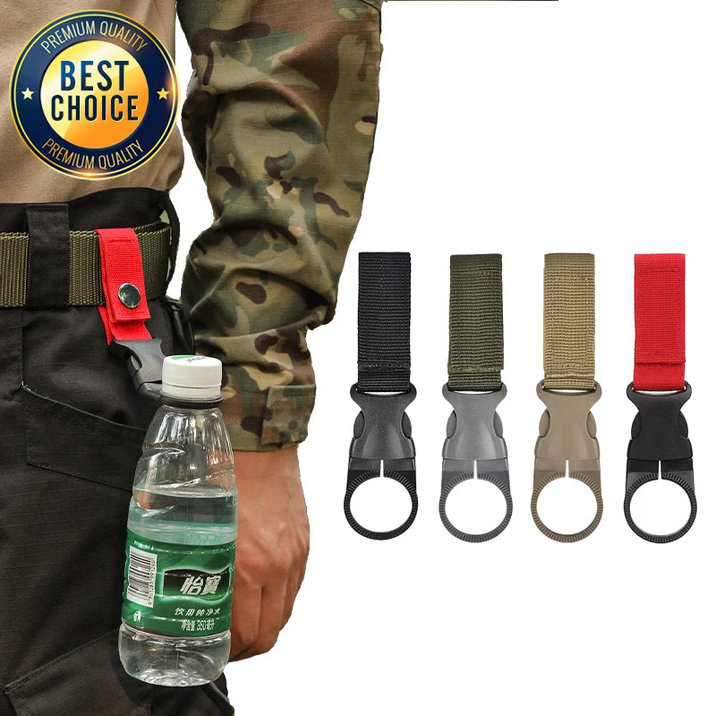 Belt with red strap, water bottle, and five belt buckles in different colors on a white background.