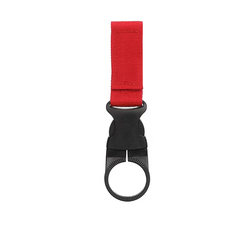 Red strap with a black buckle on a white background