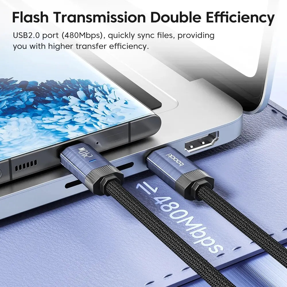 USB cable with smartphone and computer setup, highlighting USB2.0 port and transfer efficiency.
