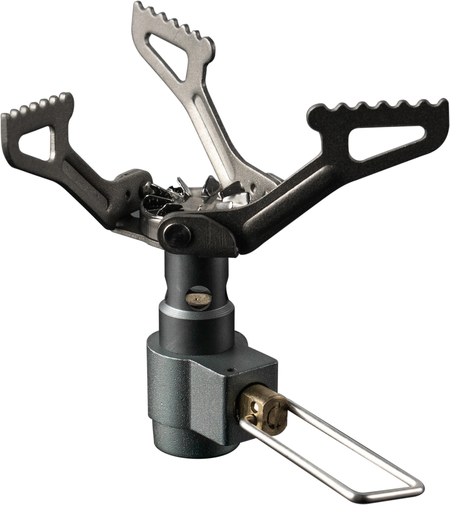 Black and silver camping stove on a white background