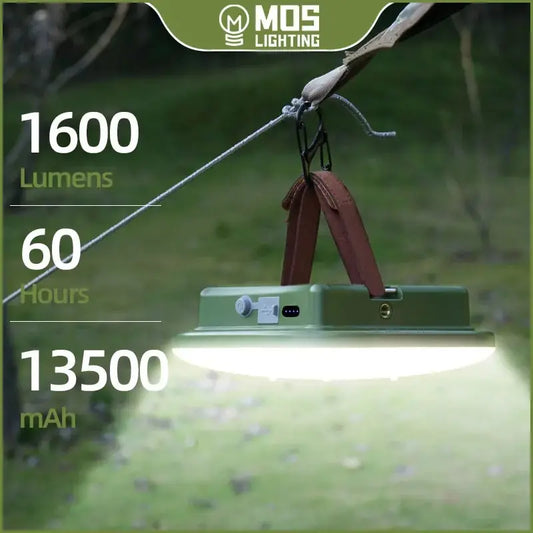 LED camping light with specifications on a green background