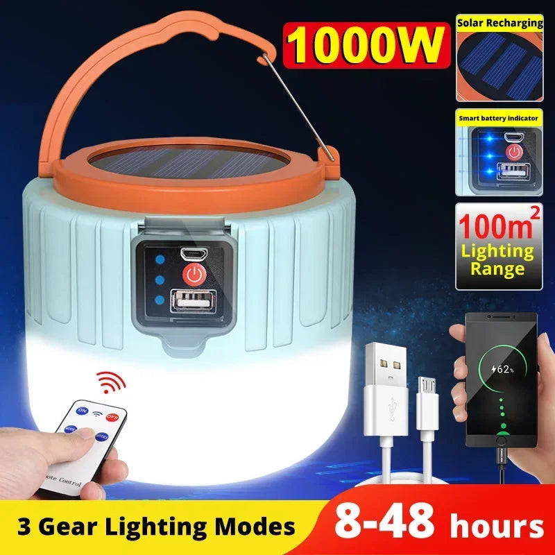 Solar lantern with charging cable and remote control, featuring 1000W power rating and various features.