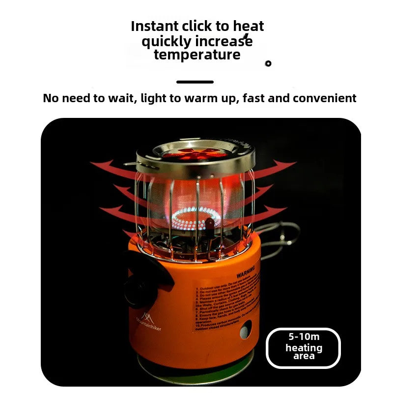 Orange camping stove with text on a white background