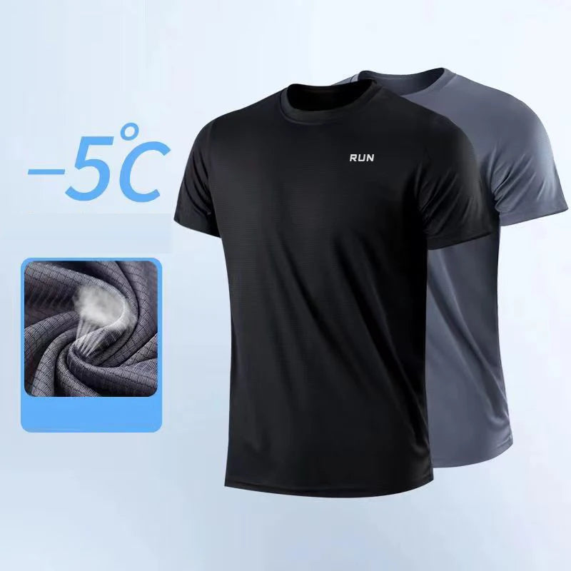 Black and gray t-shirts with 'RUN' text on a light blue background
