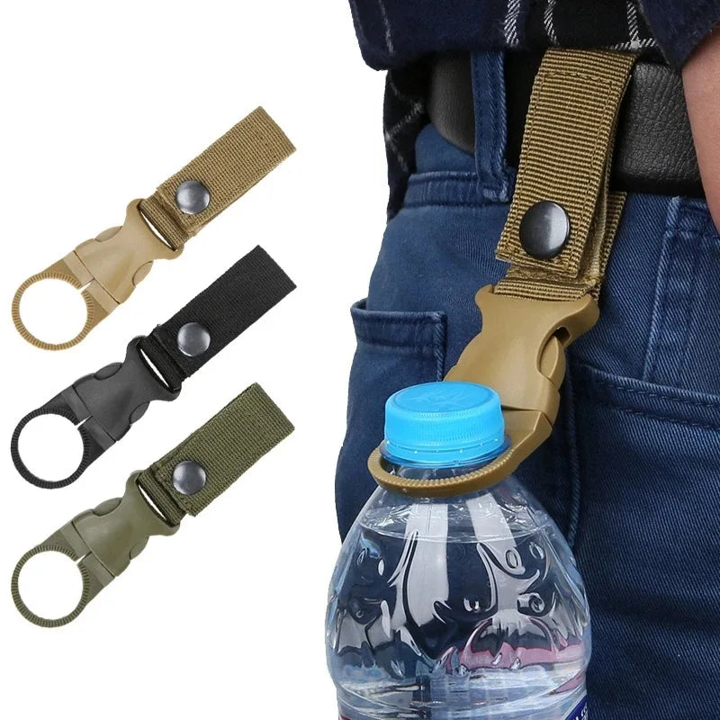Belt clip holding a water bottle with three additional clips displayed on a white background.