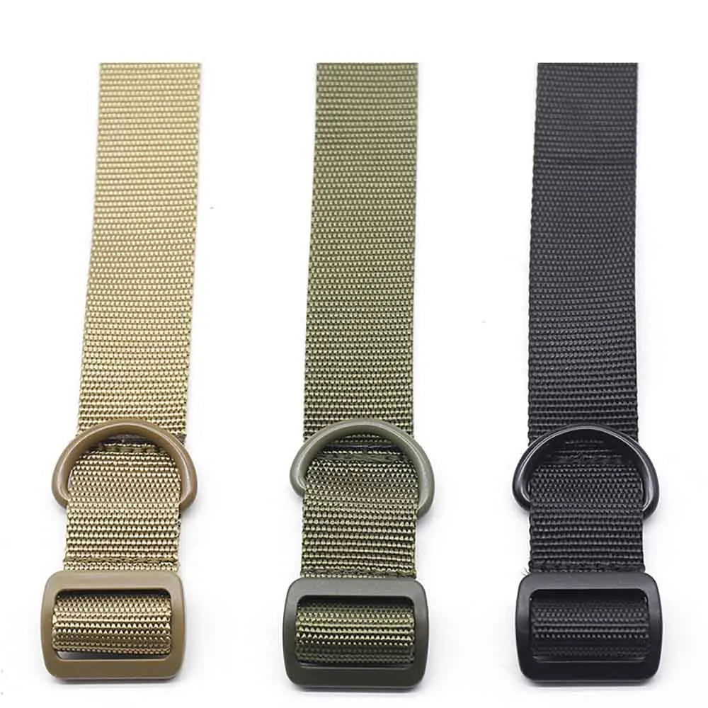 Three tactical belts in beige, green, and black with metal buckles on a white background.