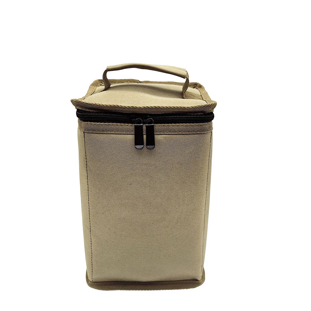 Beige insulated lunch bag with a black zipper on a white background