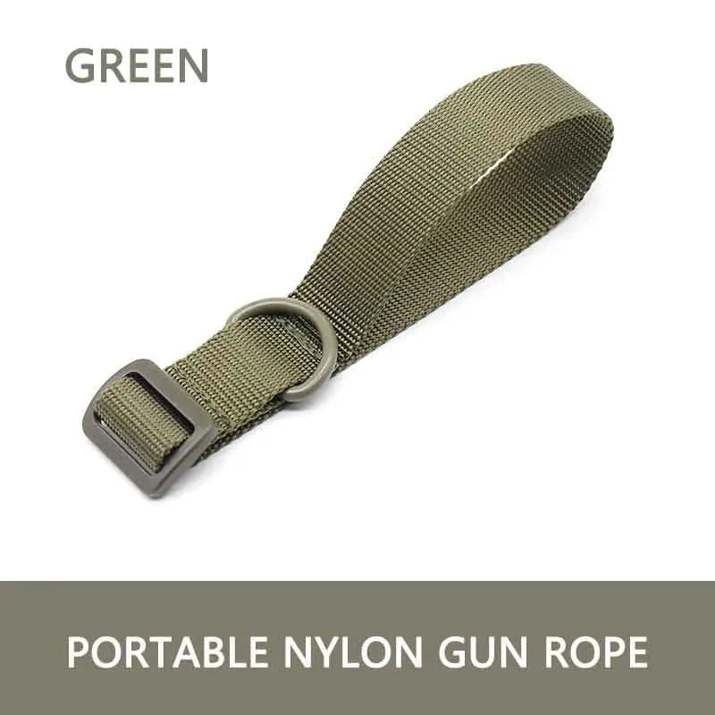 Green portable nylon gun rope with a metal buckle on a white background