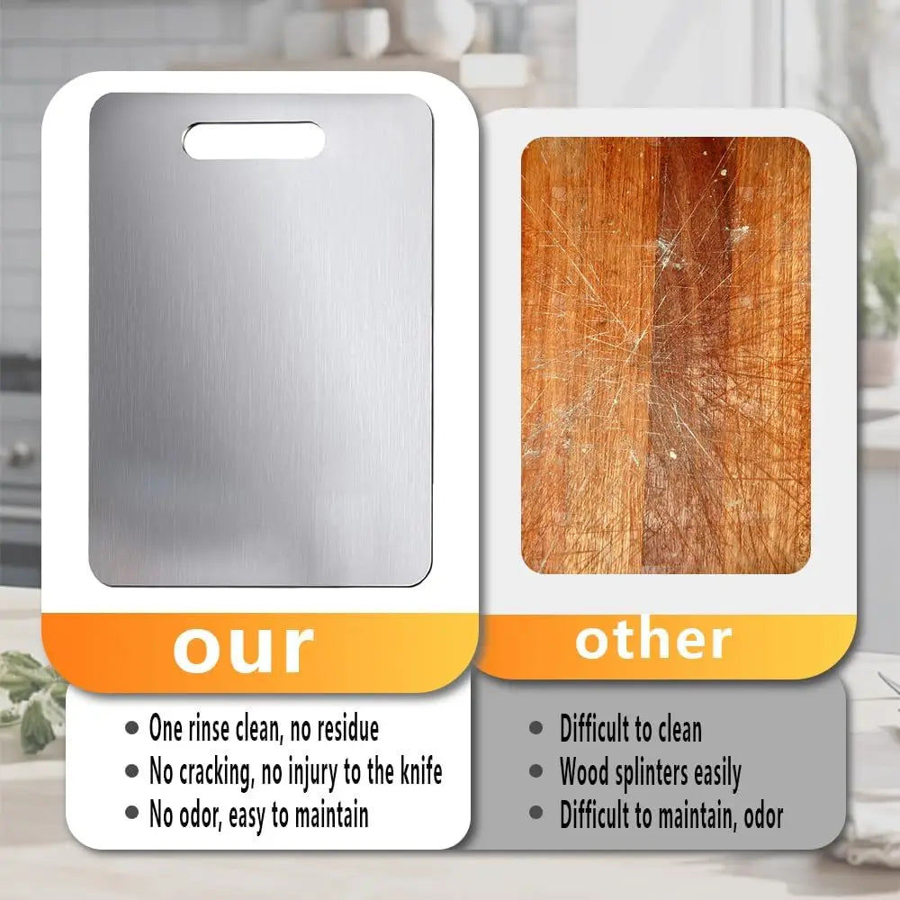 Comparison of metal and wooden cutting boards with text on a kitchen background