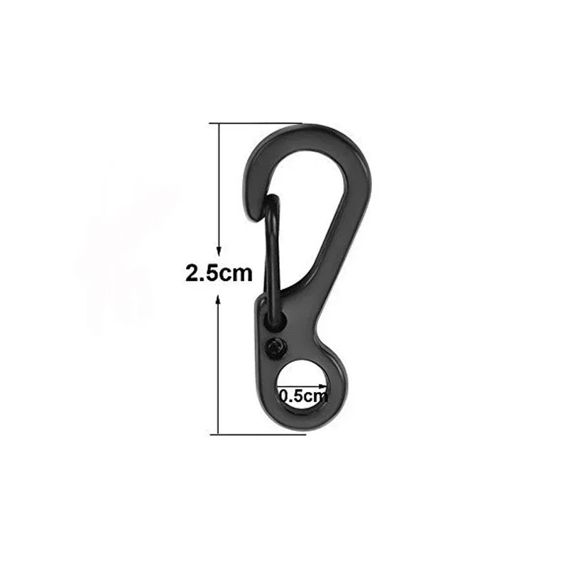 Black carabiner with measurements on a white background