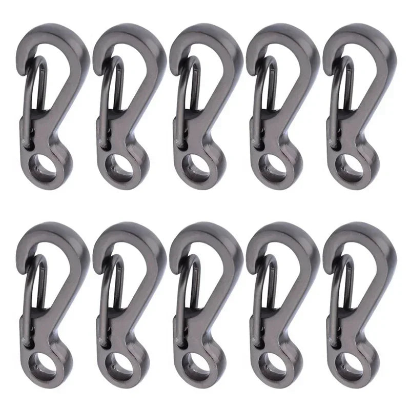Ten gray metal carabiners arranged in two rows on a white background