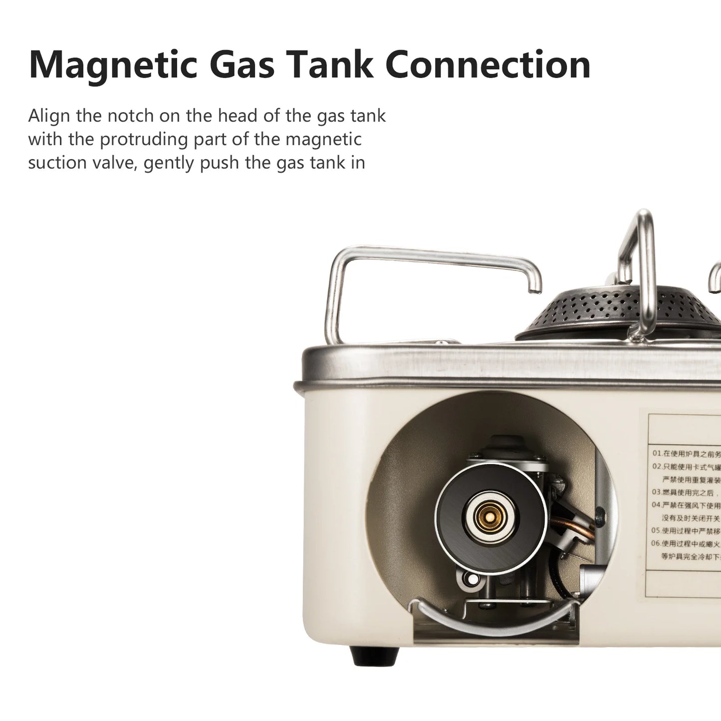 Gas stove with magnetic gas tank connection feature on a white background
