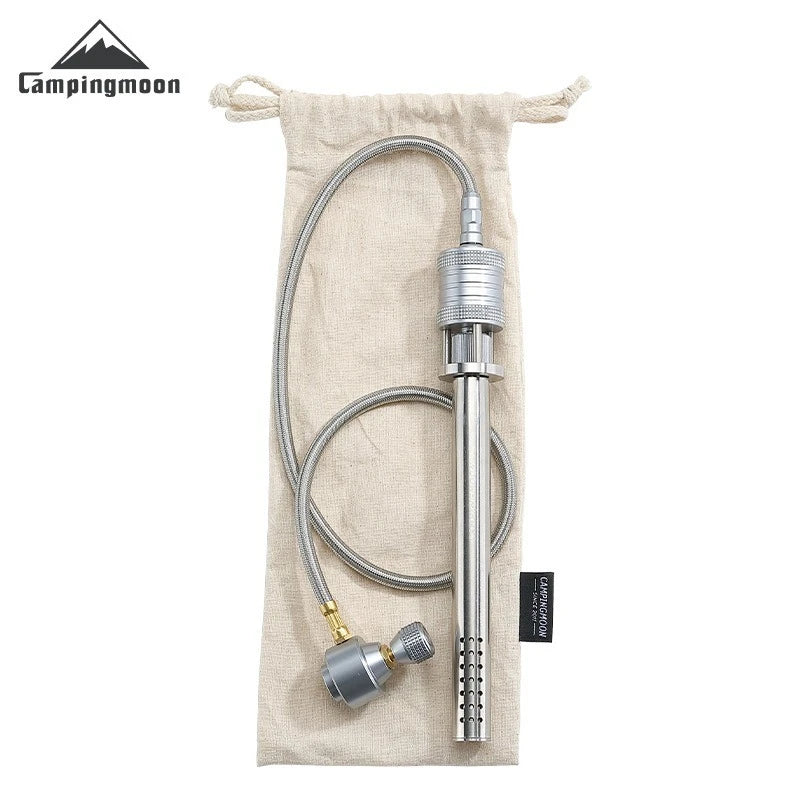 Campingmoon water filter system with hoses and connectors on a beige drawstring bag.
