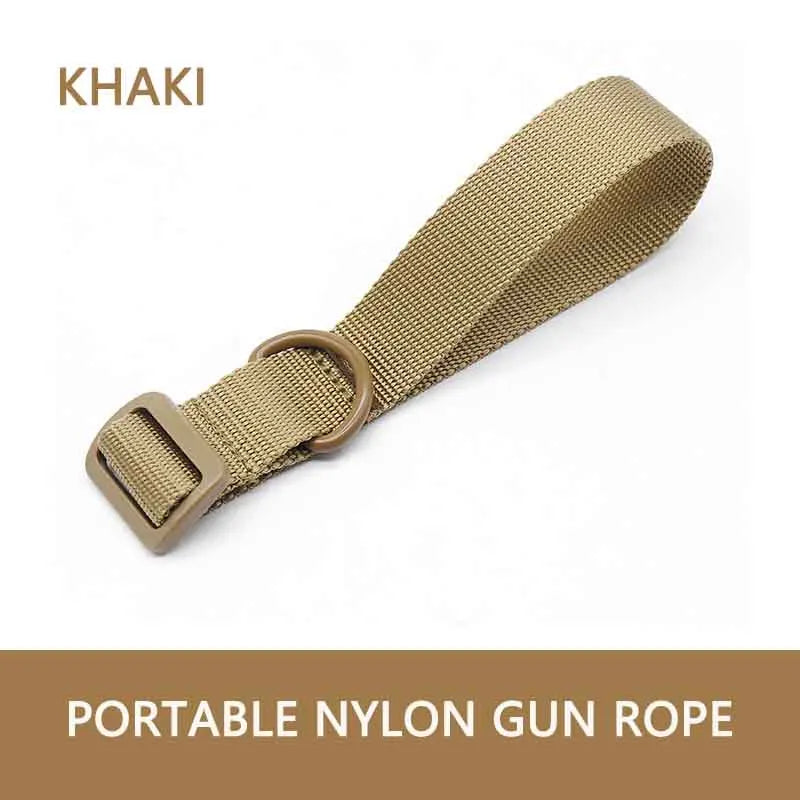 Khaki portable nylon gun rope with a buckle on a white background