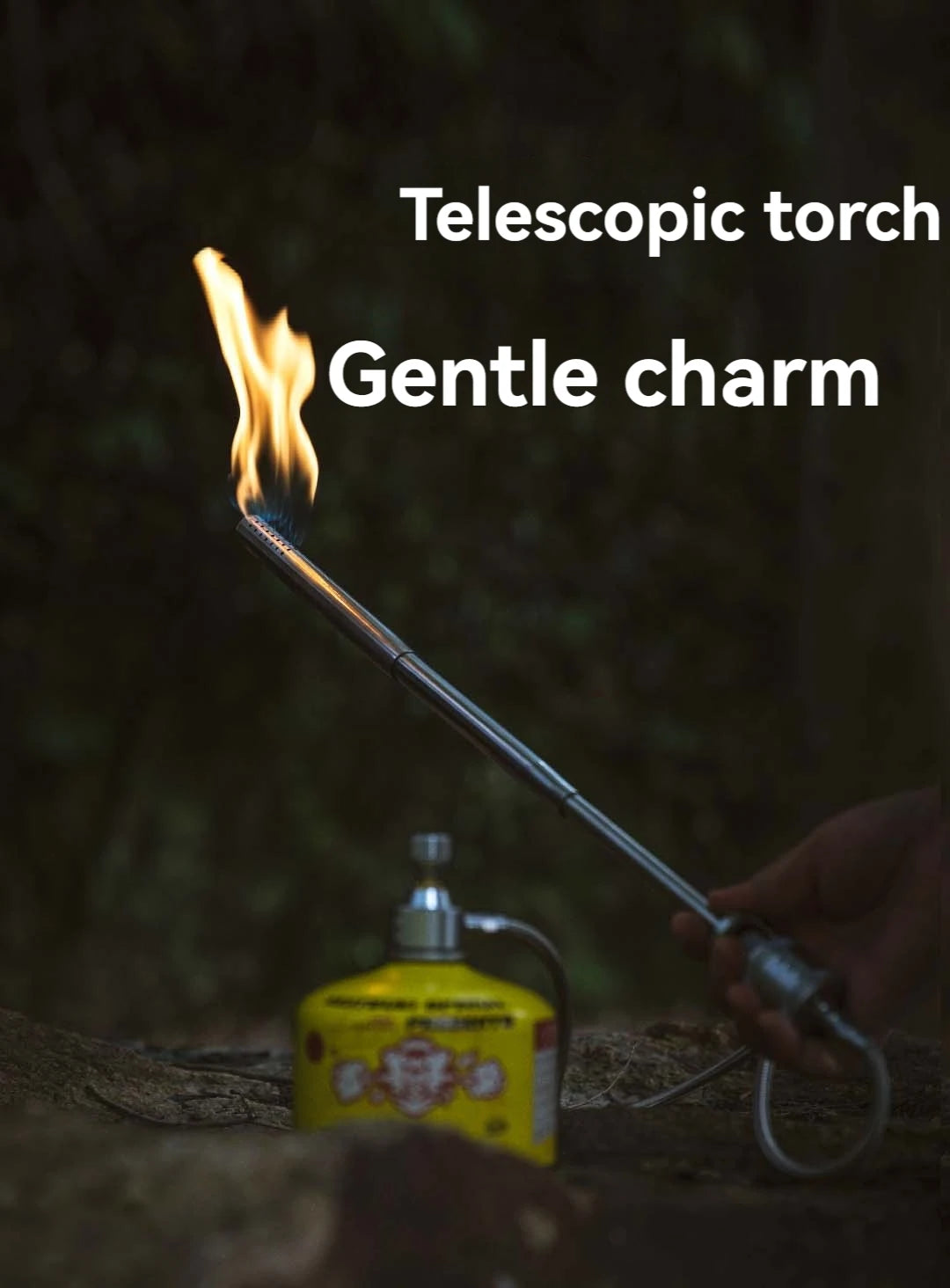 Telescopic torch with flame and 'Gentle charm' text on a dark background