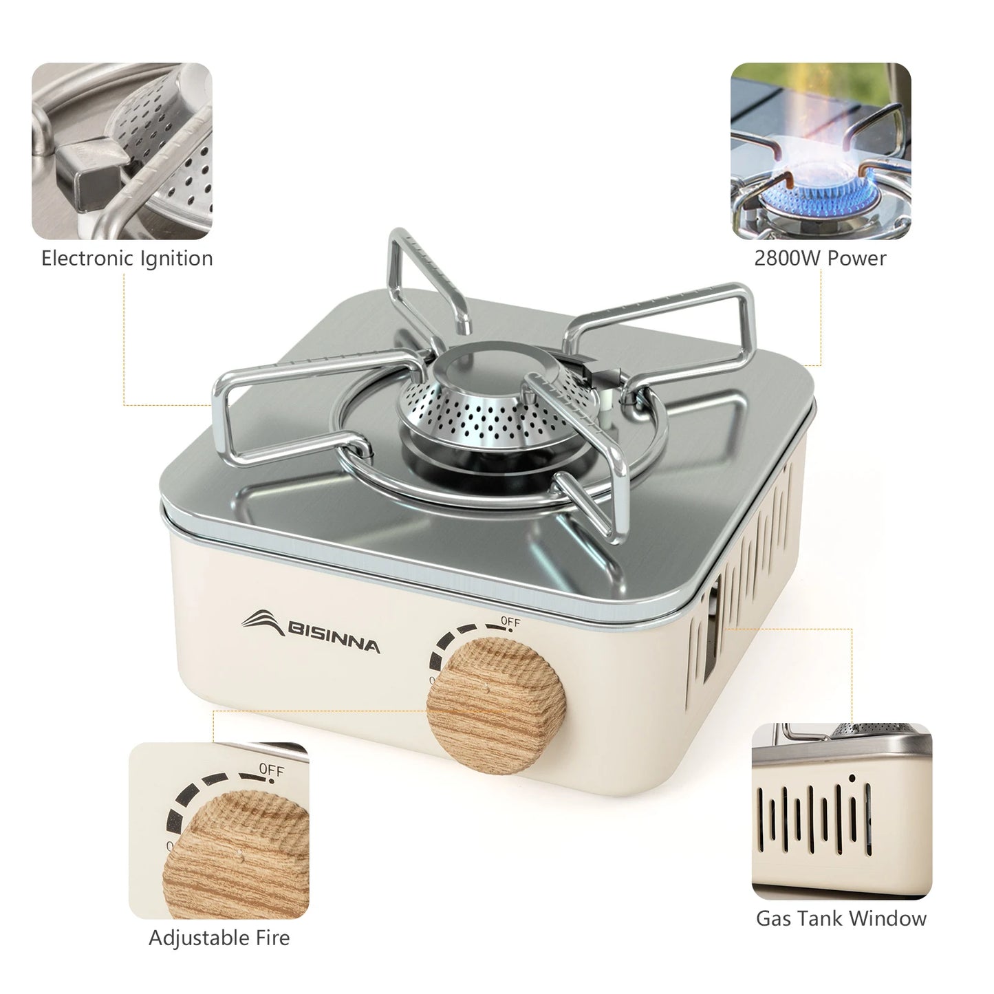 Portable gas stove with features highlighted on a white background