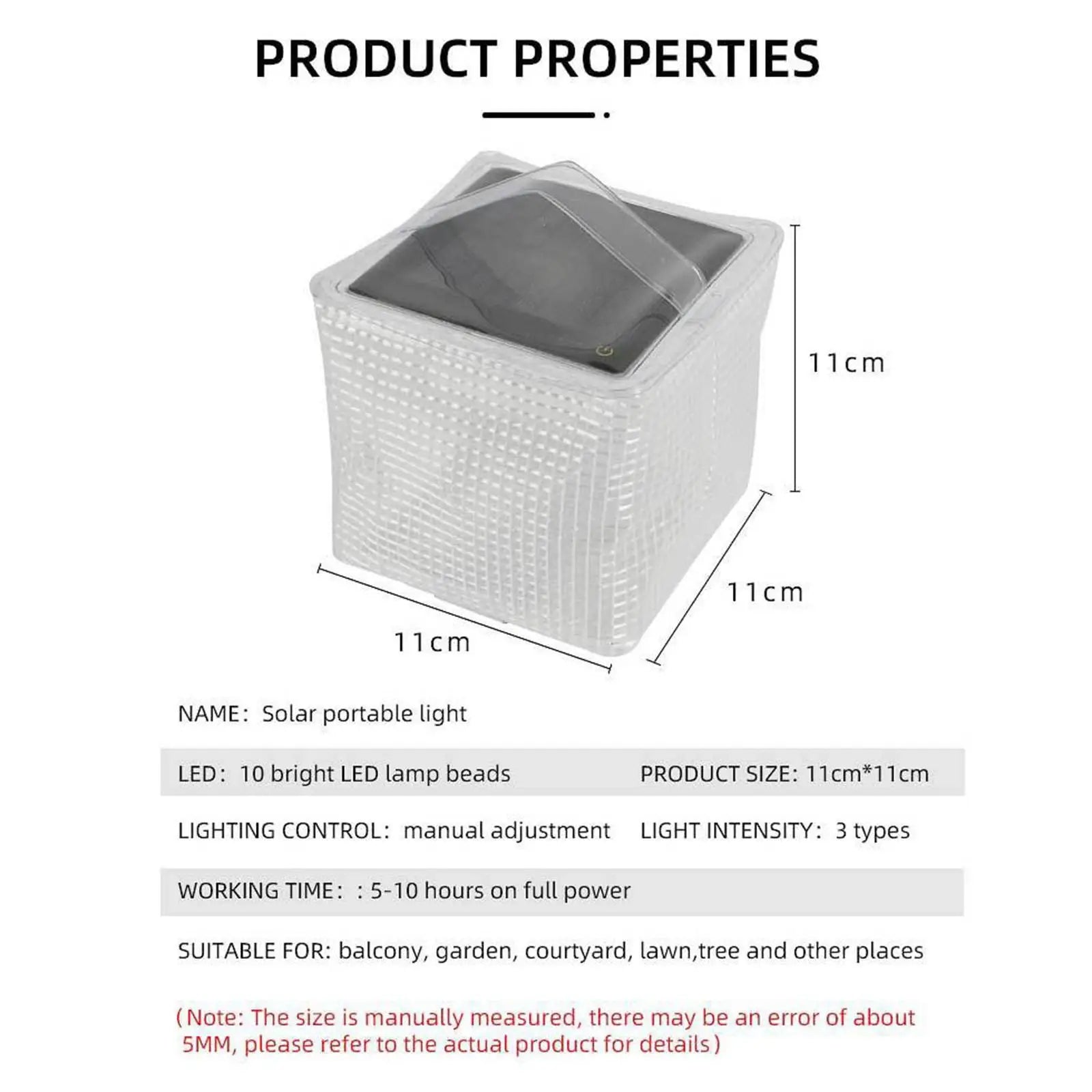 Product properties of a solar portable light with dimensions and features listed.