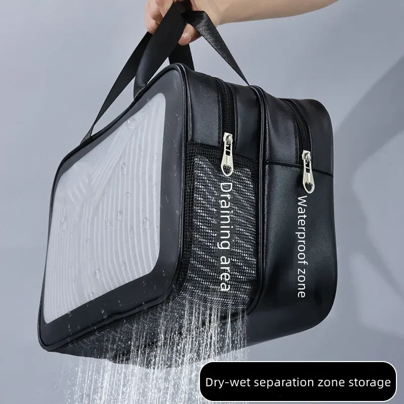 Black travel bag with water droplets and text indicating features on a gray background