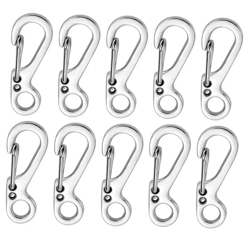 Set of twelve silver carabiners on a white background