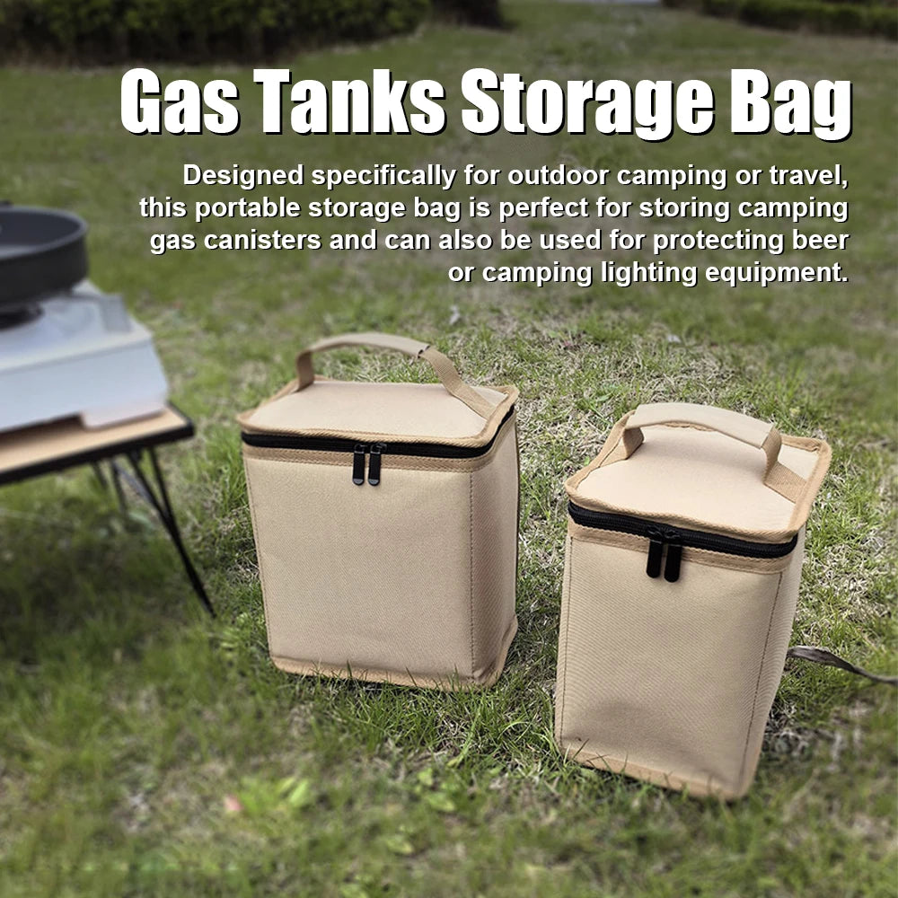 Two beige gas tanks storage bags on grass with text about their use.