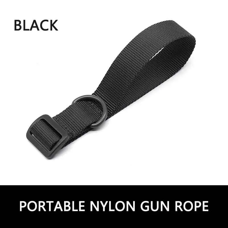 Black portable nylon gun rope on a white background