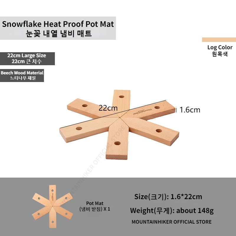 Snowflake heat proof pot mat with dimensions and material details on a gray background
