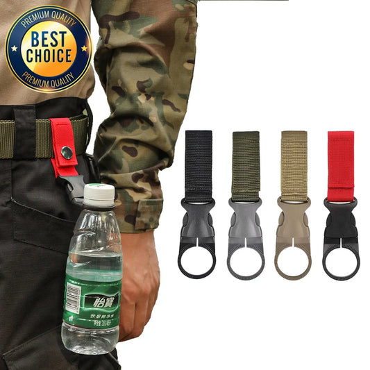 Belt with red strap, water bottle, and five belt buckles in different colors on a white background.