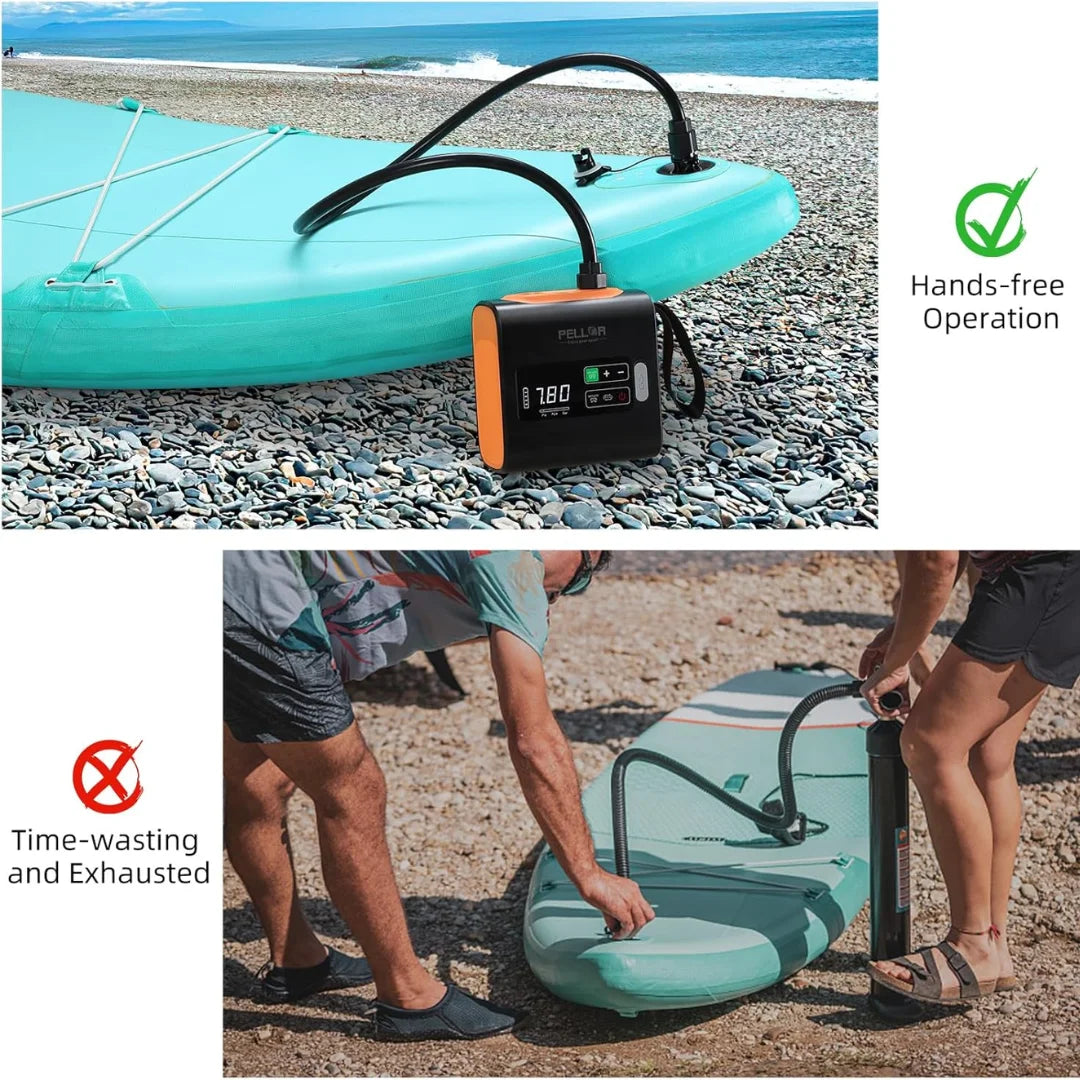 Portable pump for inflating a teal kayak on a rocky beach with text indicating hands-free operation and no time-wasting.