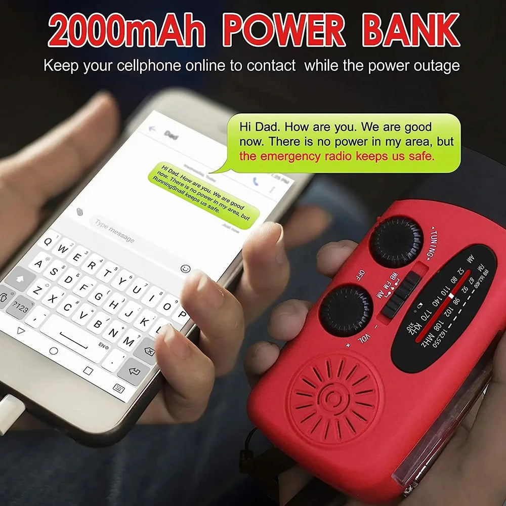 Person holding a smartphone and red power bank with text on screen