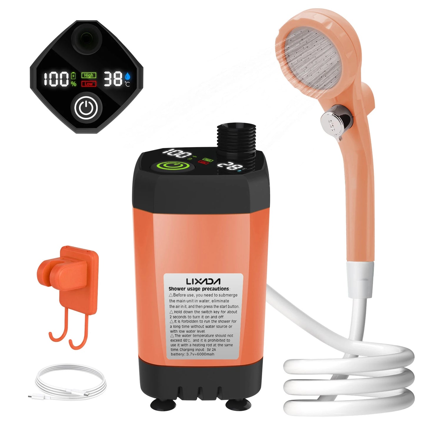 Orange and black electric shower pump with handheld shower head and accessories on a white background