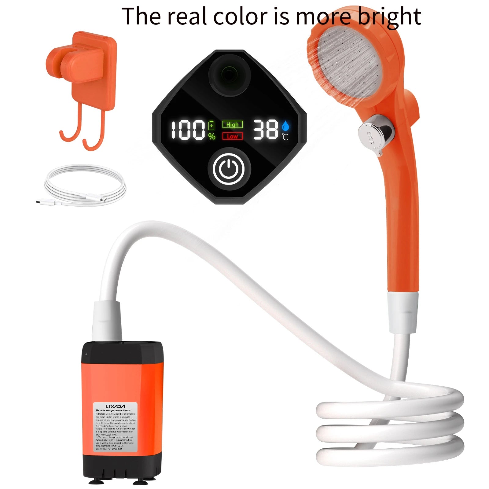 Orange water heater with digital display and shower head on a white background