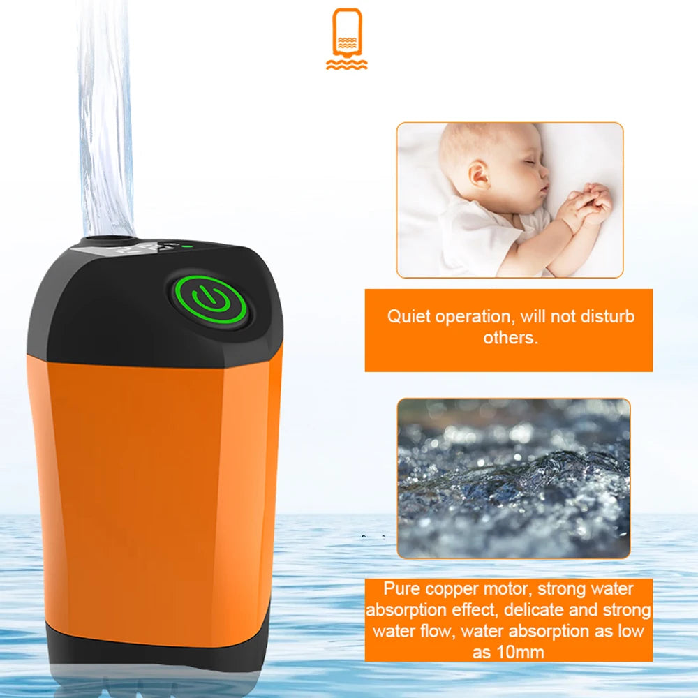 Orange and black device with water droplets and text on a white background