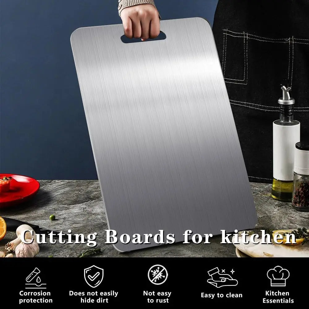 Metal cutting board held by a person in a kitchen setting with text 'Cutting Boards for kitchen' and icons below.