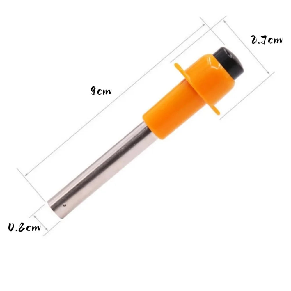 Orange and silver tool with measurements on a white background