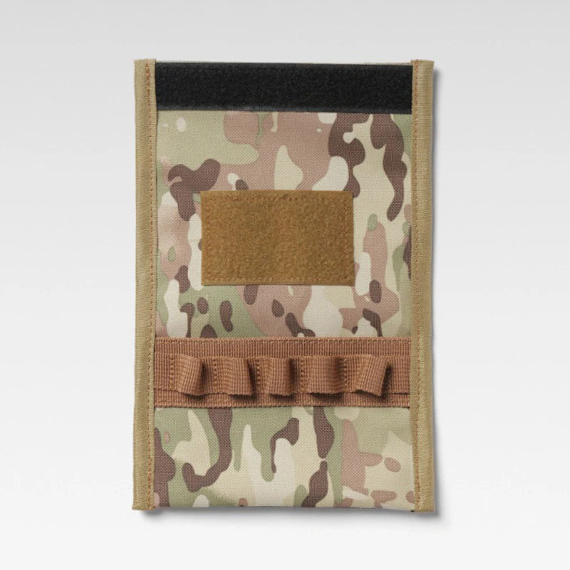 Camouflage pouch with a brown patch and strap on a white background