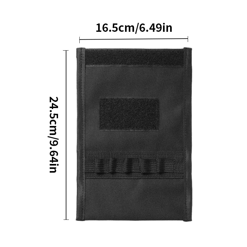 Black tactical pouch with measurements on a white background