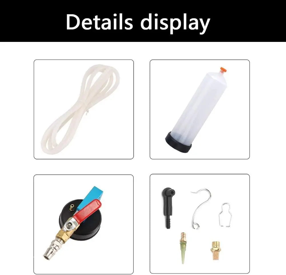 Set of car maintenance tools including a hose, filter, and various connectors on a white background.