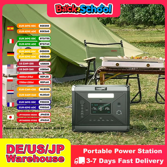 Portable power station with a tent and outdoor setup in the background, featuring 'Back to School' and 'DE/US/JP Warehouse' text.