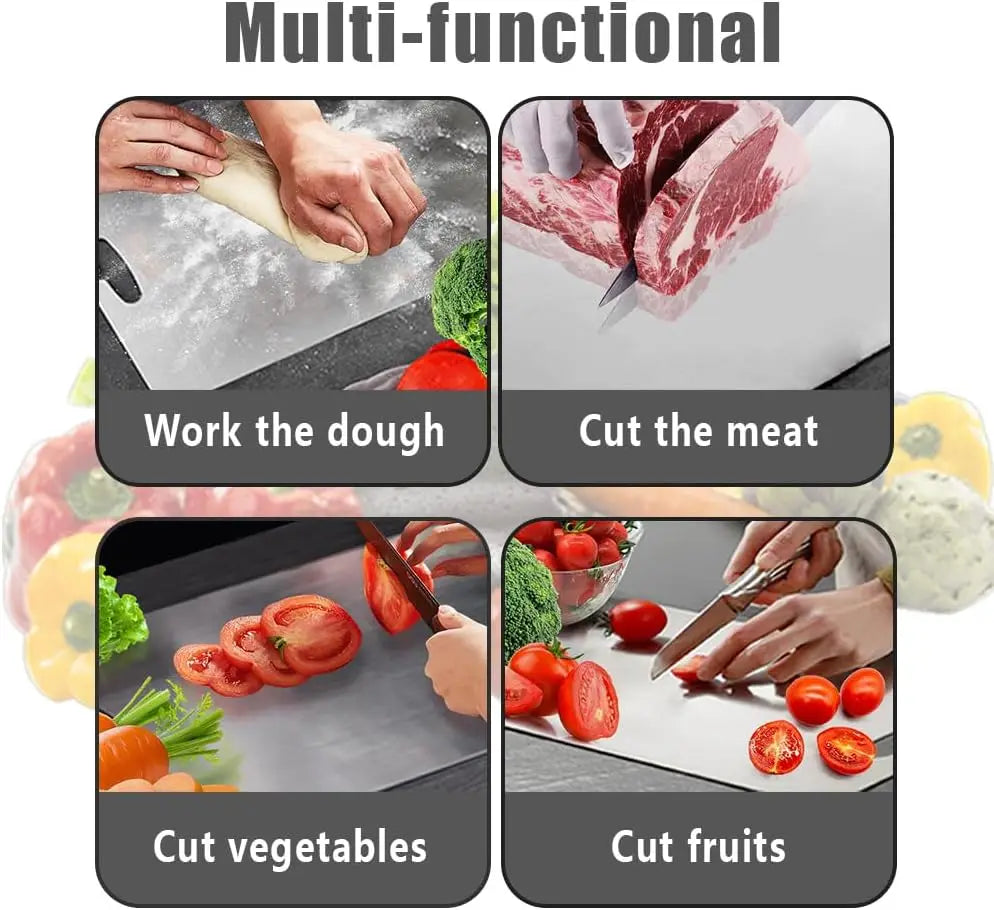 Multifunctional cutting board being used for various tasks on a white background