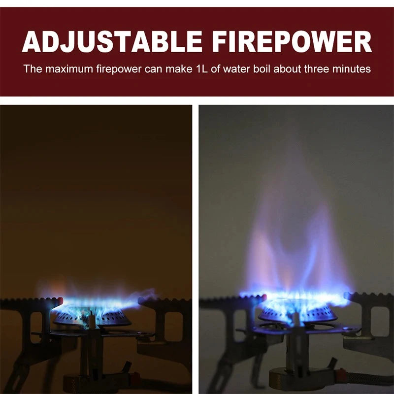 Adjustable firepower stove with flames and text on a dark background