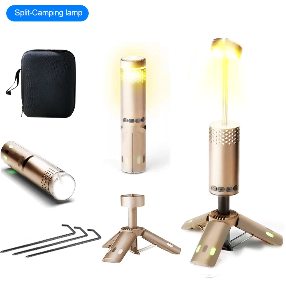 Split-camping lamp with stand, carrying case, and accessories on a white background