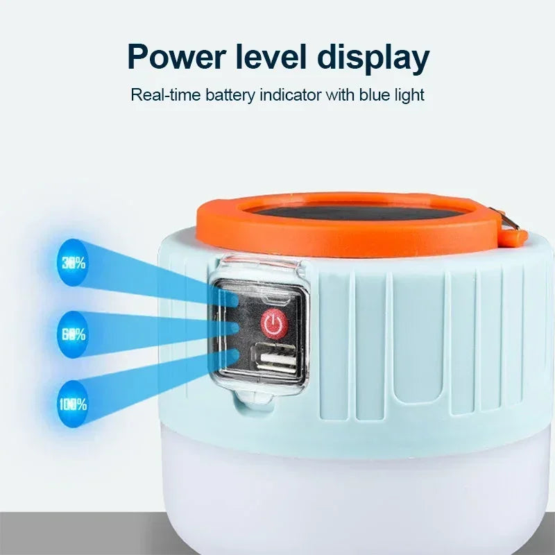 Portable light with power level display and battery indicator on a white background