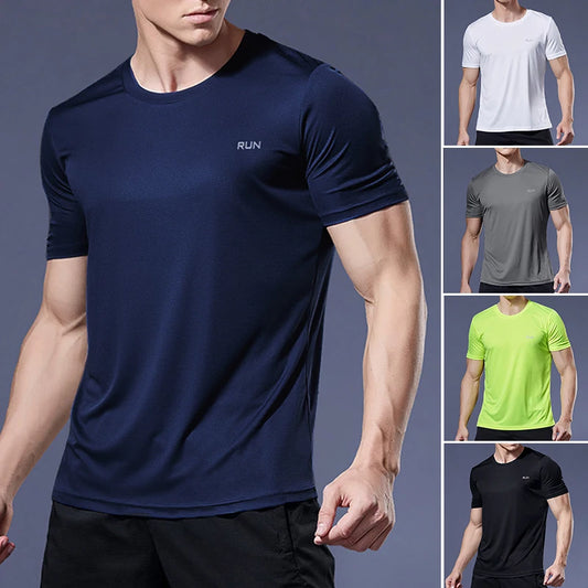 Man wearing a navy blue athletic shirt with 'RUN' logo, surrounded by other color options on a gray background.