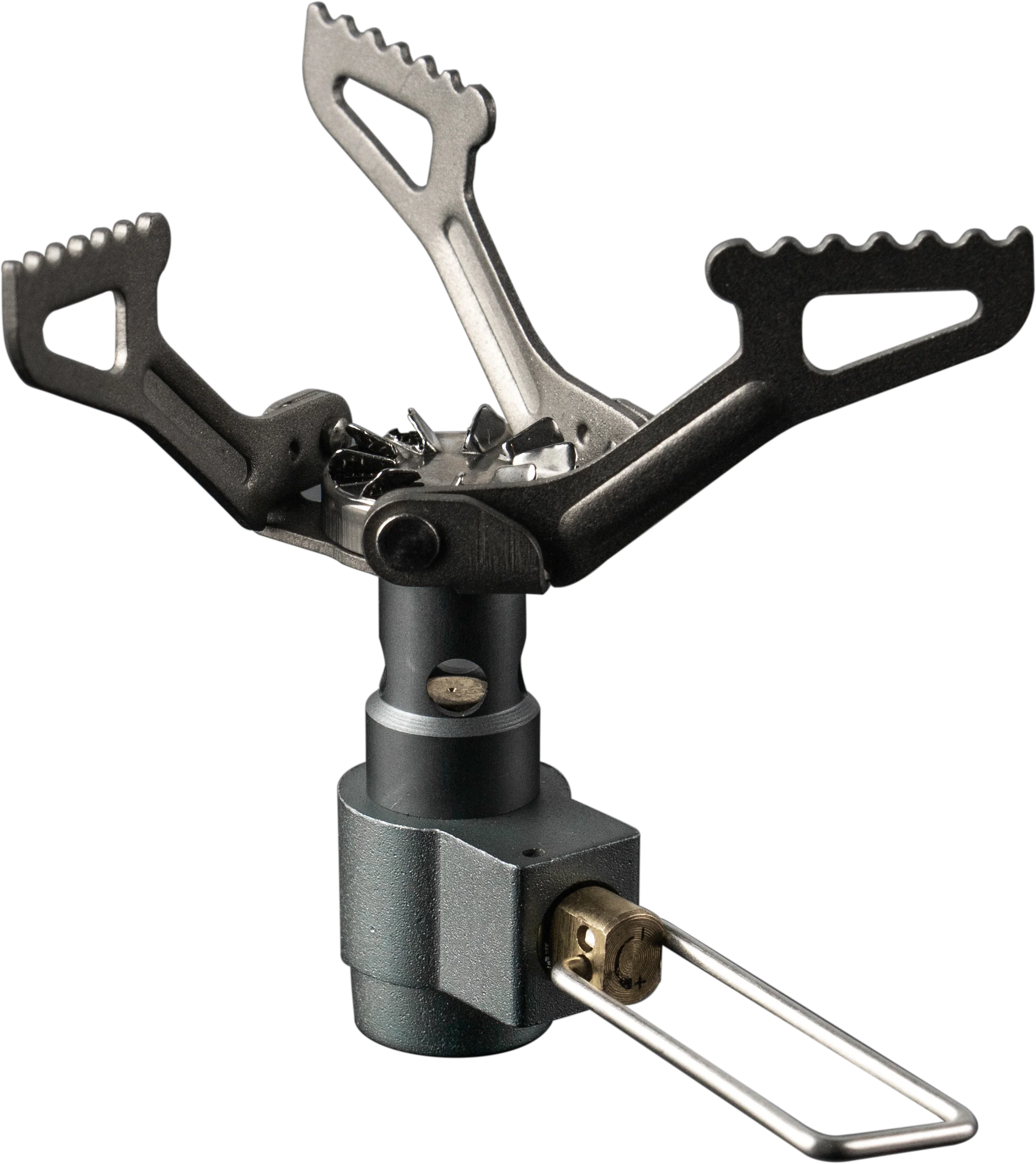 Black and silver camping stove on a white background