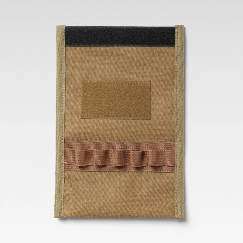 Brown woven pouch with black and red accents on a white background