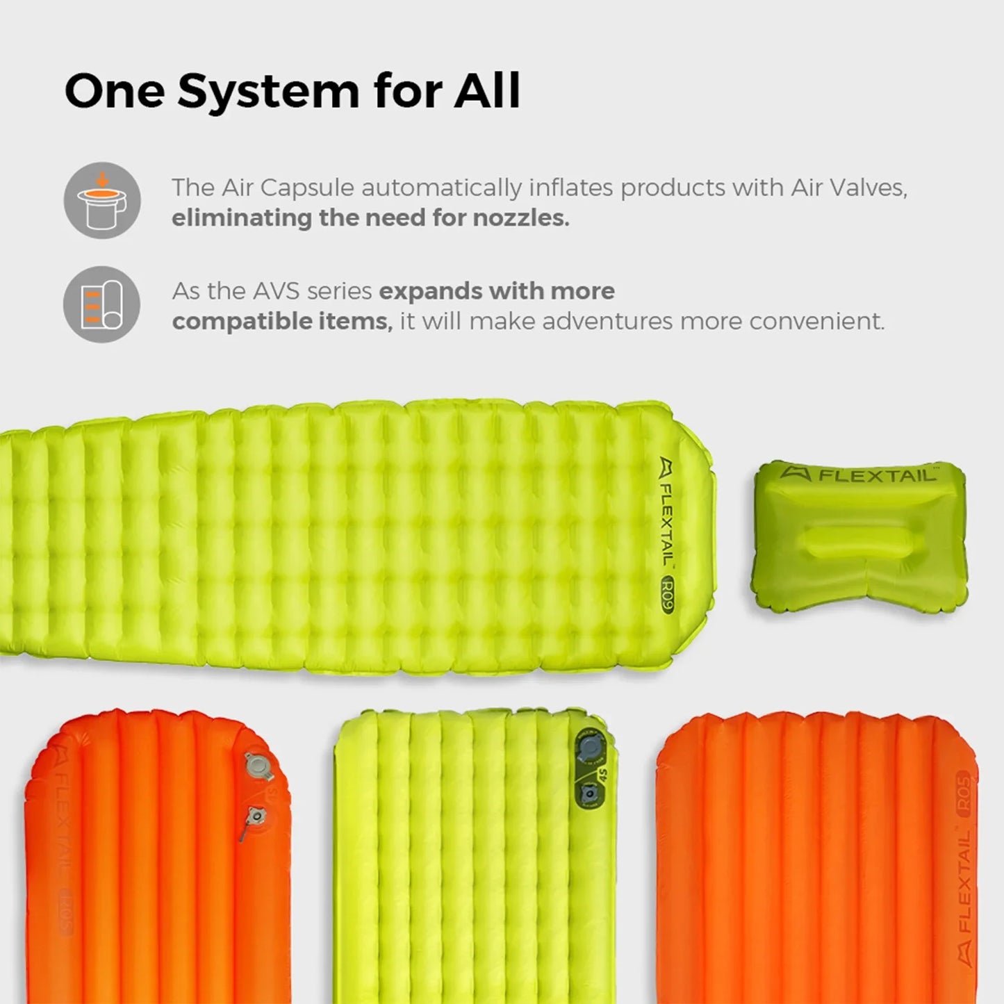 Green and orange inflatable sleeping pads with FlexTail branding on a white background.