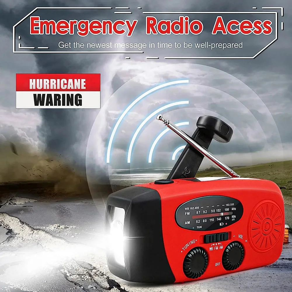 Red and black emergency radio with flashlight on a stormy background, featuring 'Hurricane Warning' text.