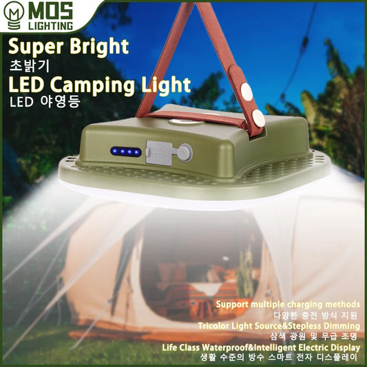 LED camping light with outdoor setting and text highlighting features