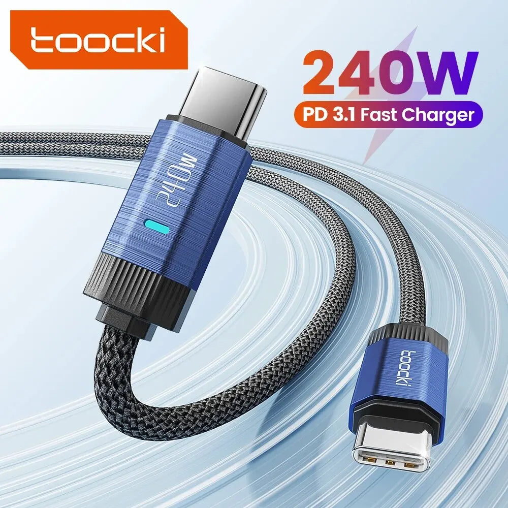 240W PD 3.1 fast charger cable with 'toocki' branding on a light blue background