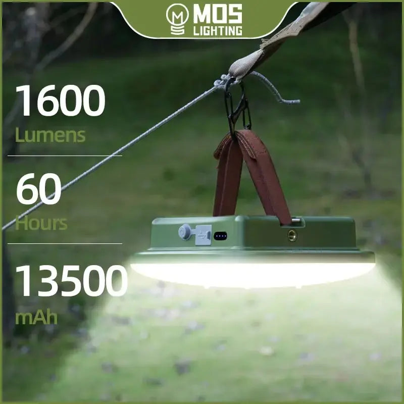 LED camping light with specifications on a green background